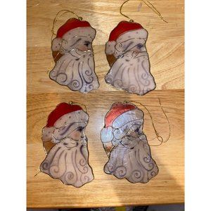 Set of 4 Vintage Capiz Shell Santa Claus Head Christmas Tree Ornaments Gold Wire